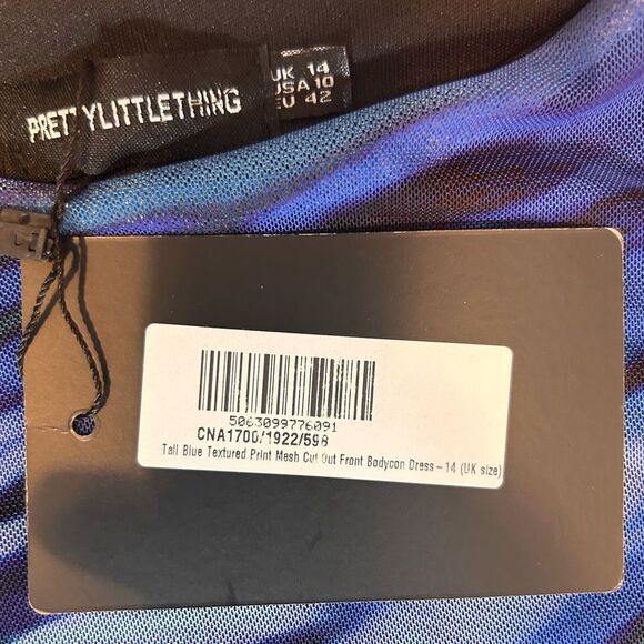 NWT PrettyLittleThing Tall BlueTextured Print Mesh CutOut Front Bodycon Dress 10 - Picture 15 of 16